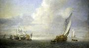 Abraham van der Hecken Seascape with a port in the background oil on canvas